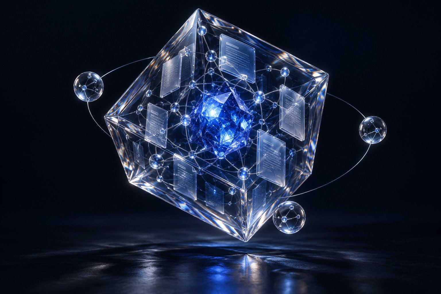 A luminous blue glass knowledge core connecting floating document panels