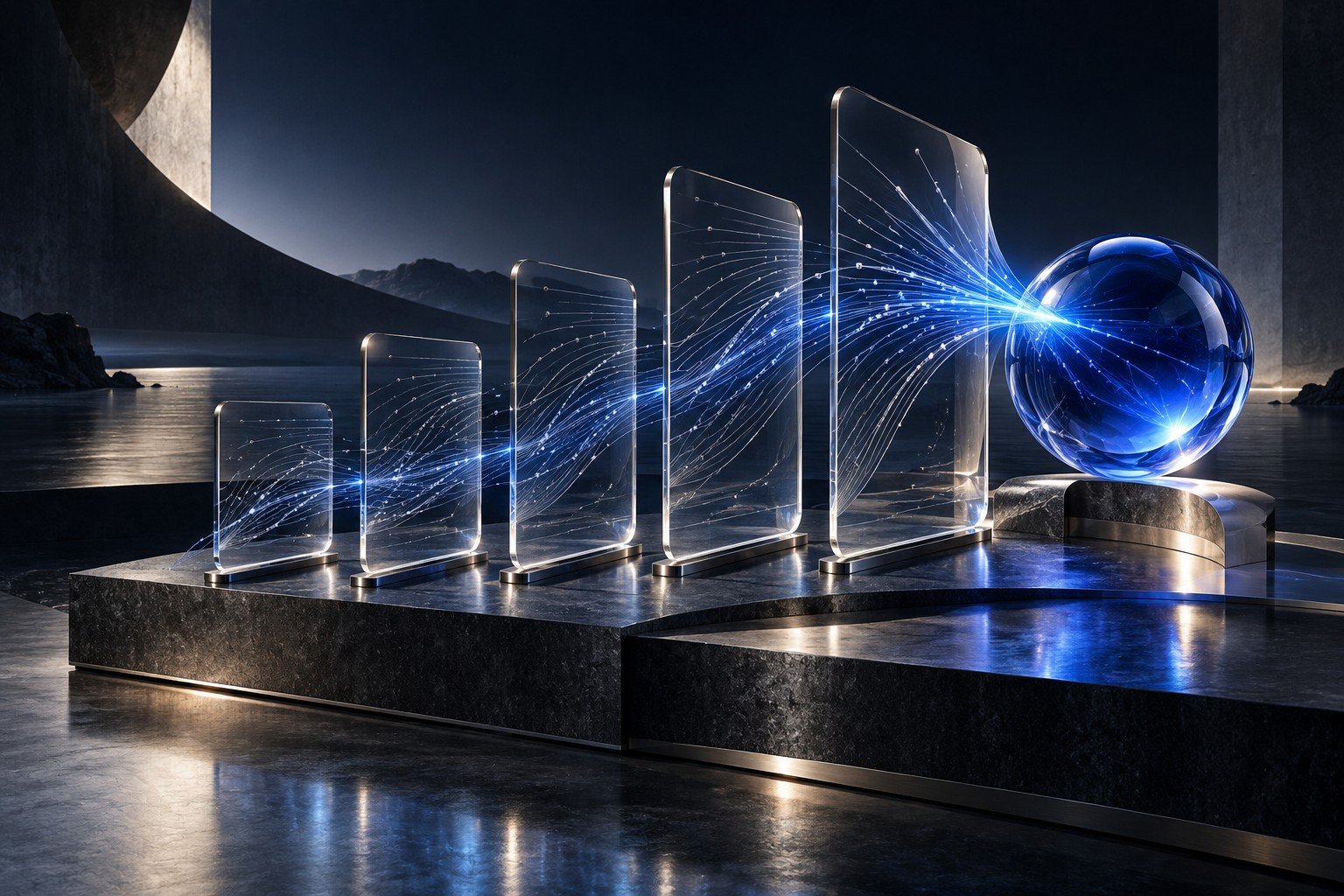 Sculptural glass documents converge around a sapphire knowledge sphere